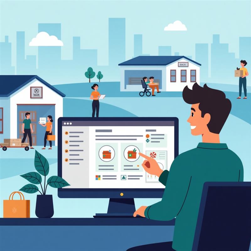 Geschäftsmann arbeitet mit Laptop und Smartphone, umgeben von Symbolen für Zahnräder, Cloud und E-Mail, die digitale Lösungen und Prozesse darstellen. Dies unterstreicht die Vorteile der Integration von Shopify und Microsoft Dynamics 365 Business Central bei der Digitalisierung und Prozessoptimierung im Online-Handel.