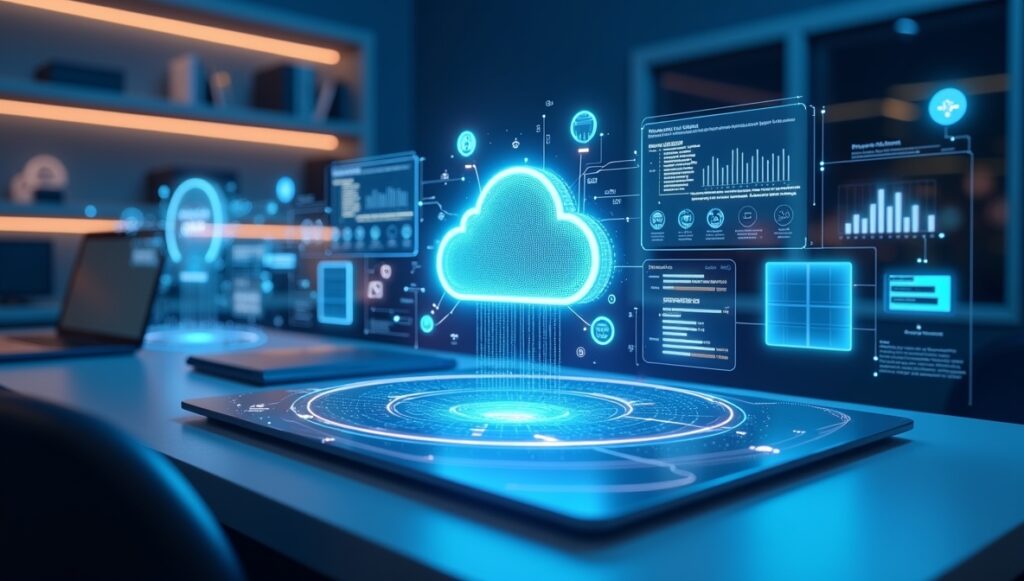 Futuristische Darstellung einer Cloud-Technologie mit holografischen Datenvisualisierungen, die den digitalen Wandel und die Migration in die Cloud symbolisiert.