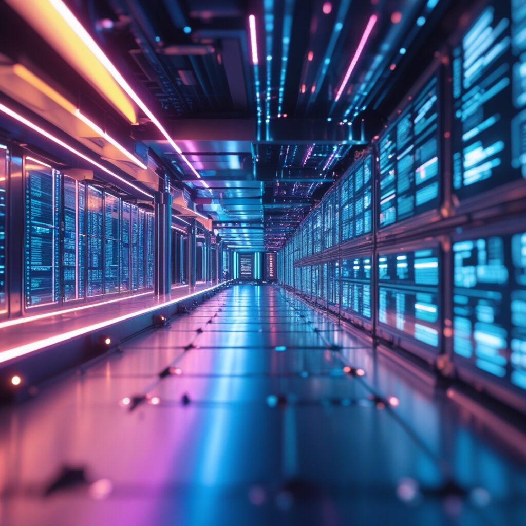 Futuristisches Serverzentrum mit leuchtenden Datenströmen – Symbol für technologische Innovation in Microsoft Dynamics 365 Release Wave 2025.