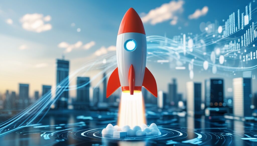 Futuristische Rakete startet über einer modernen Stadt mit digitalen Datenströmen – Symbol für Innovation und erfolgreichen Geschäftsbeginn.